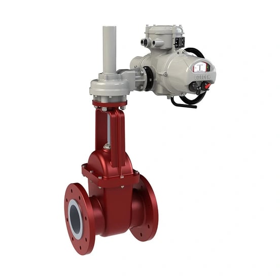 IQ3 Pro Electric Actuator - size 1 with black base; IB5 Bevel Gearbox on rising stem gate valve with cover tube
